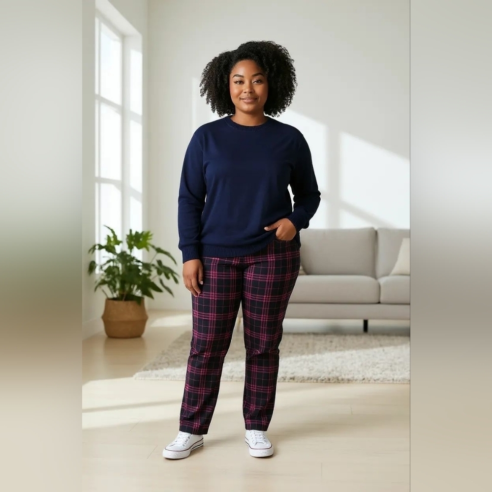 Crown & Ivy pink navy plaid pants sz 24 W WP266